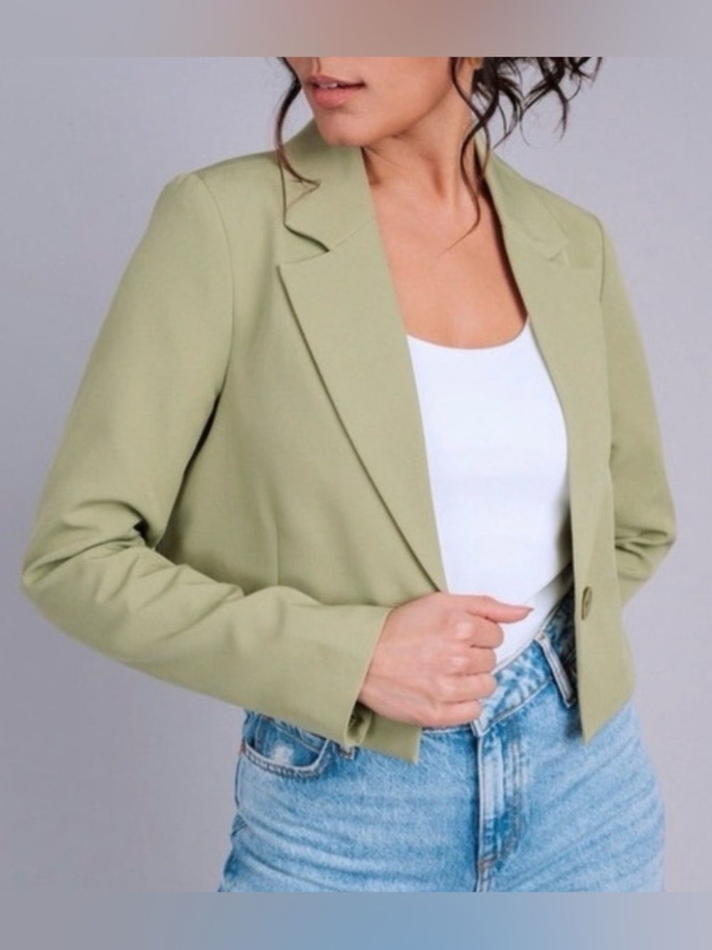 Avec Les Filles Crop‎ Button Lightweight Blazer Jacket Sage Green Large
